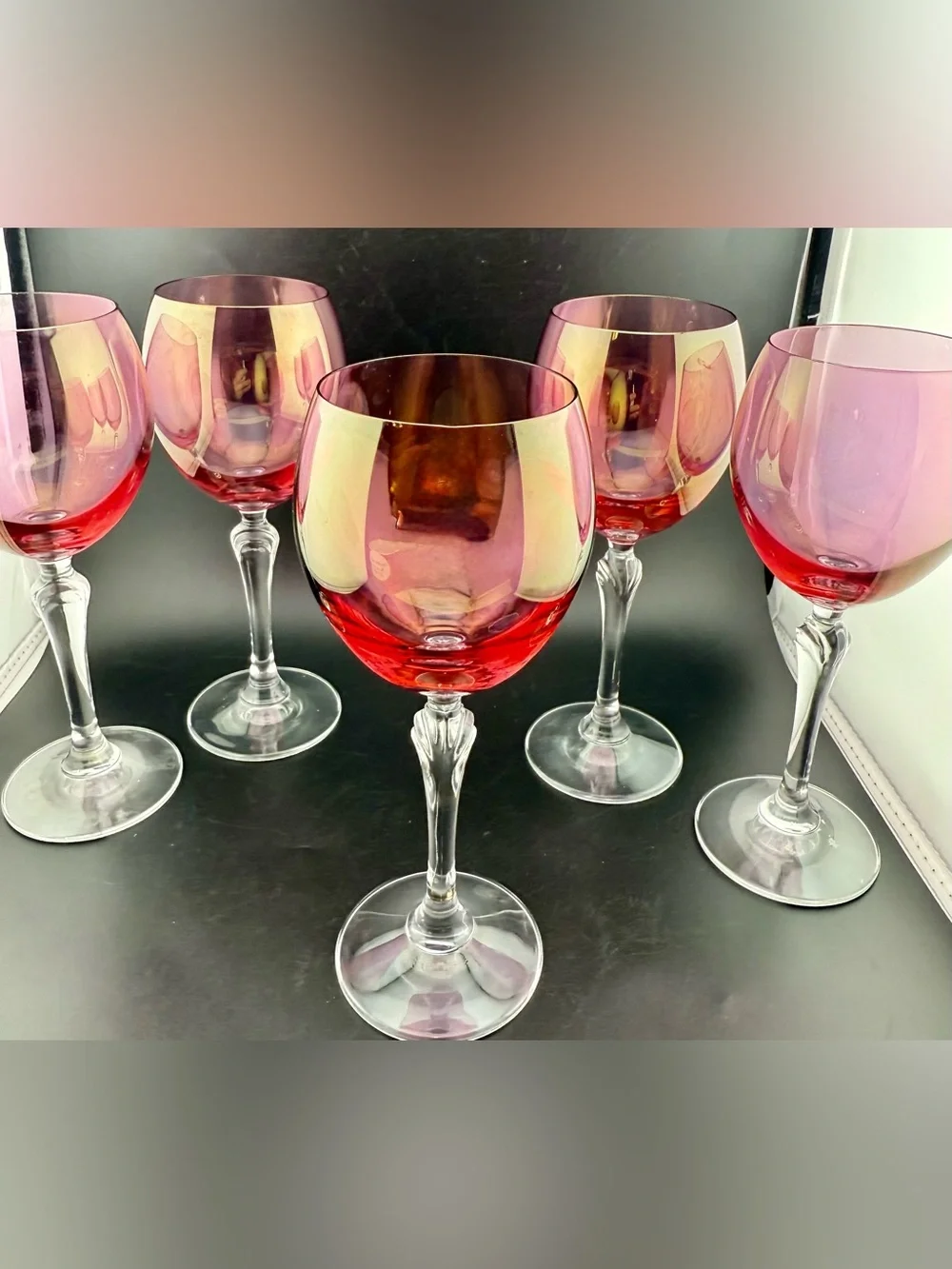 5 Colony Bijoux Pink (Iridescent) wine glasses. 8oz